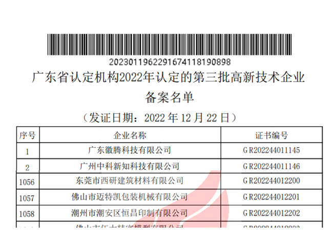 2022年高新技術(shù)企業(yè)備案名單